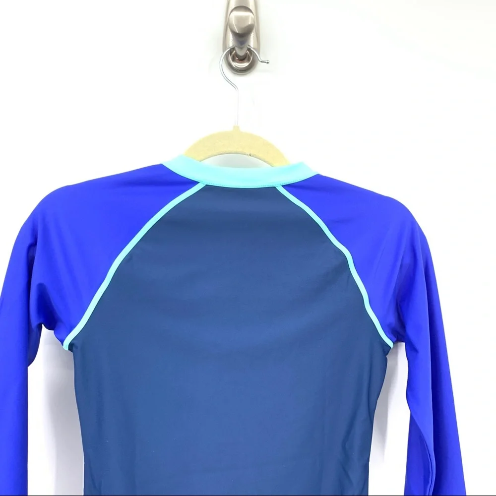 LL Bean Kids Girls Size 14 Bathing Suit One Piece Long Sleeve Swim Blue 1/4 Zip